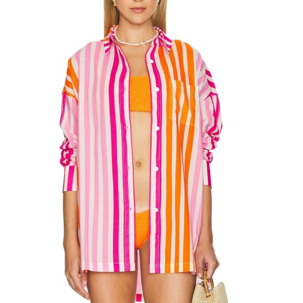 Beach Riot Alexa Top Sunset Stripes Button-Up Beach Shirt Cover Up Size Large